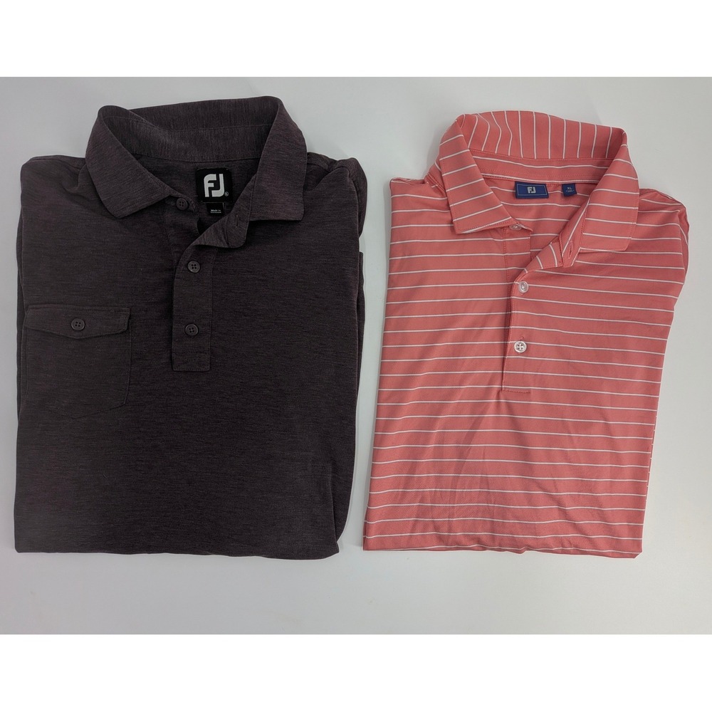 Lot 2 FootJoy Mens Golf Polo Shirt XL Charcoal Heather Coral‎ Pink Striped 2pk